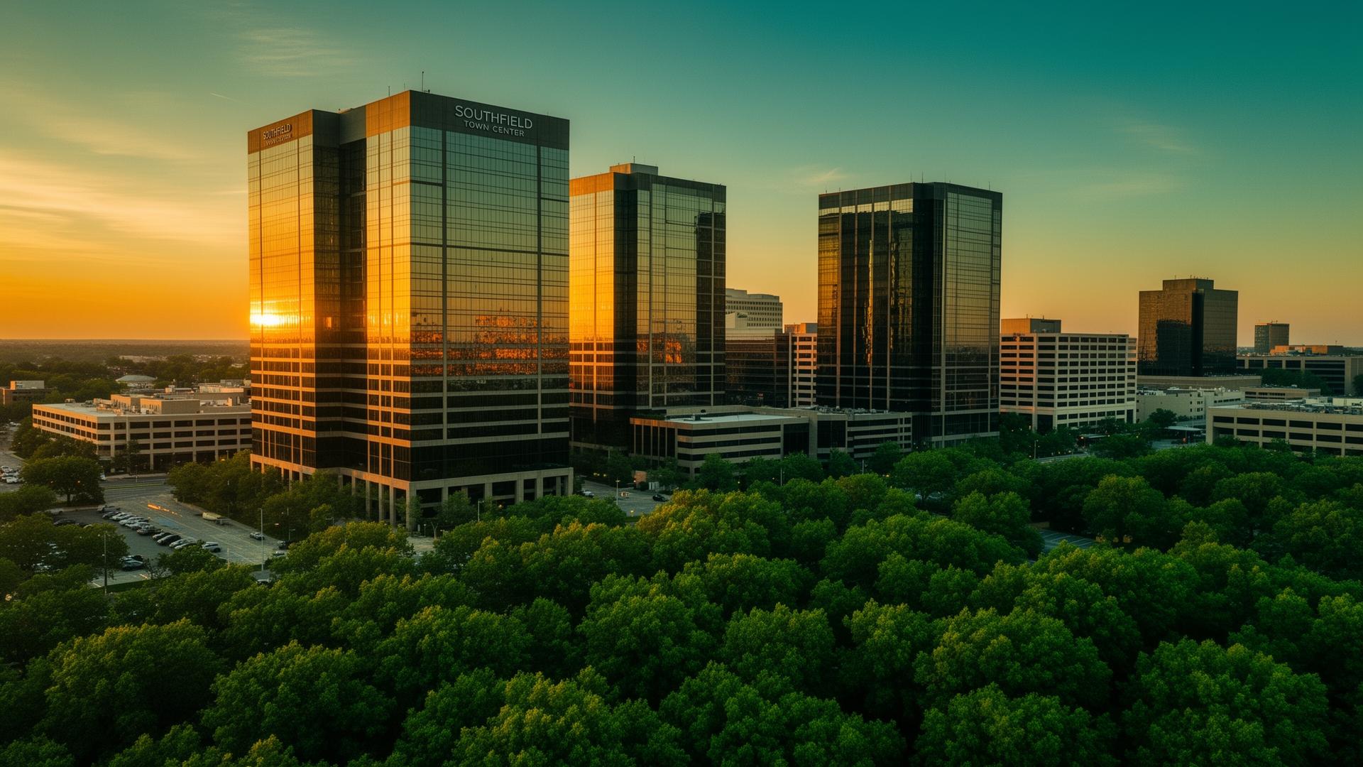 Southfield Town Center towers at golden hour above the Oakland County treeline